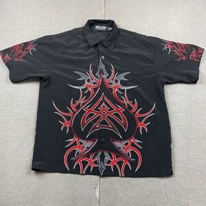 Vintage Silver Point Shirt Mens XL Black Tribal Flames Short Sleeve‎ Button Up